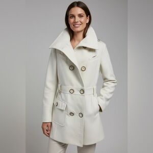 Joujou Women's Pea Coat Double Breasted, White Vintage,Tapered,Size Small